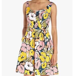 Nine West Tea Length Colorful Floral Dress Scoop Neck Side Slit Pockets Sz: 14